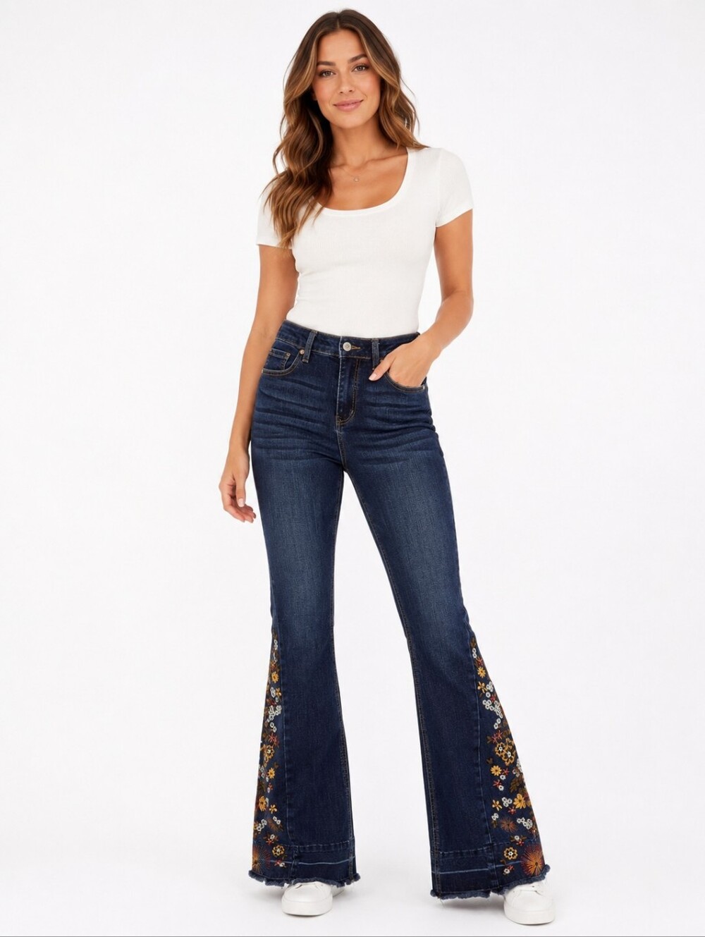 Ashley Mason Premium Embroidered Floral Flare Jeans Raw Hem Dark Wash Size 5/27